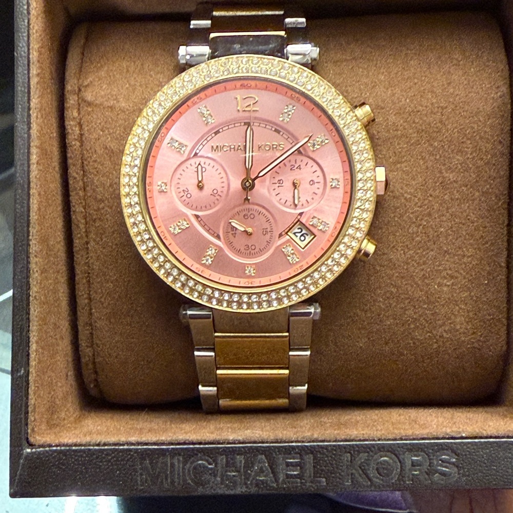 Michael Kors Gold and Pink Chronograph Watch with Crystal Bezel